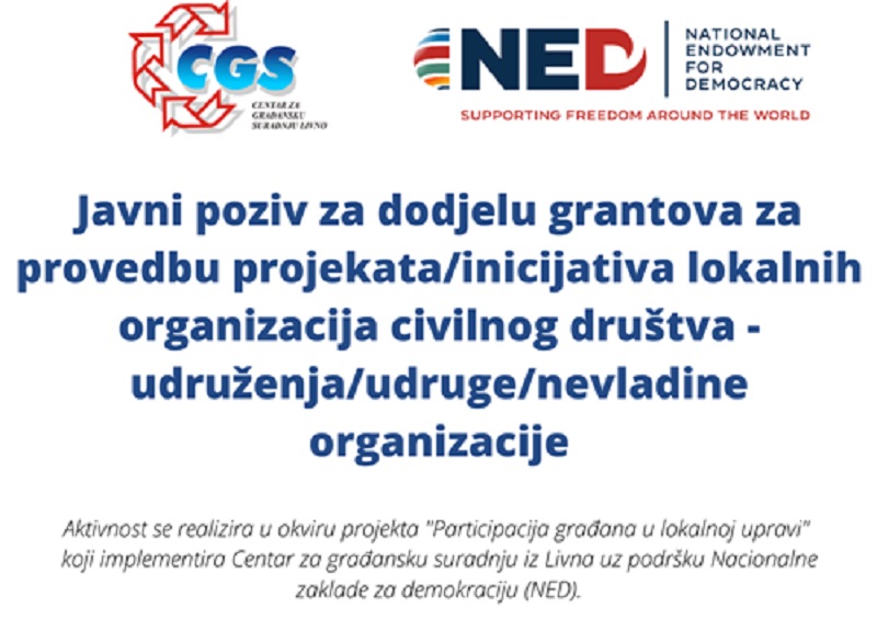 Javni poziv za dodjelu grantova lokalnim organizacija civilnog društva – udruženja/ udruge/ nevladine organizacije