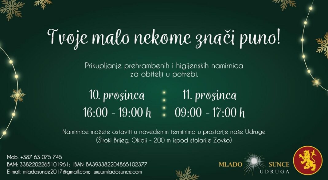 Udruga Mlado Sunce organizira božićno prikupljanje prehrambenih i higijenskih namirnica za socijalno ugrožene obitelji