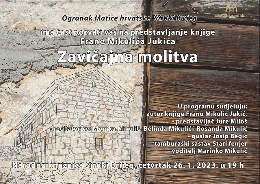 NAJAVA – Promocija knjige “Zavičajna molitva” Frane Mikulića Jukića