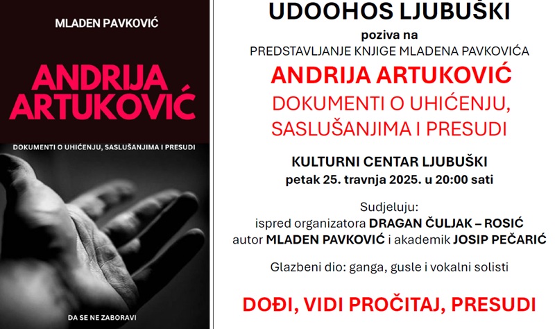 NAJAVA: Promocije knjige o Andriji Artukoviću u Ljubuškom – Dokumenti koji otvaraju povijesna pitanja