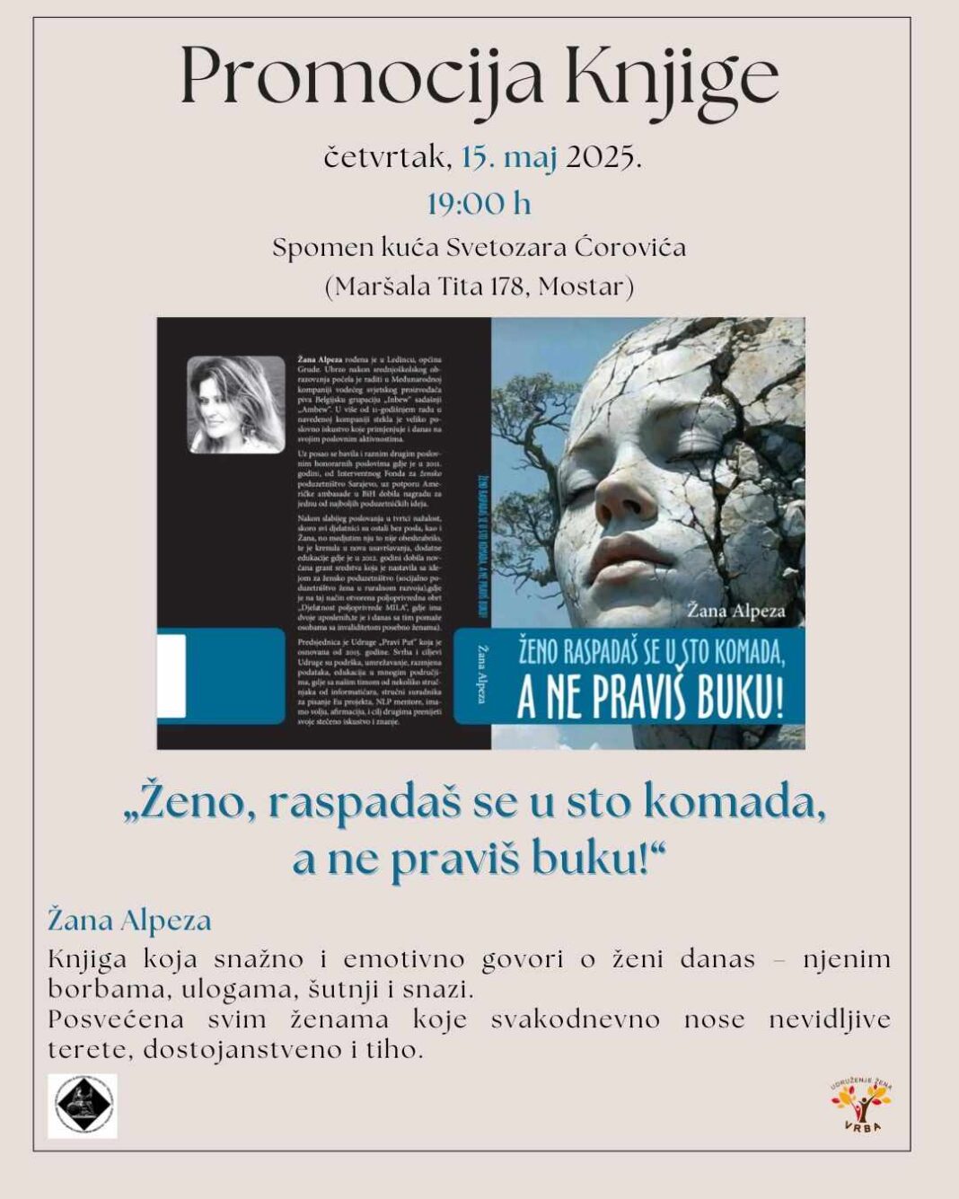 NAJAVA: Promocija knjige Žane Alpeza – “Ženo, raspadaš se u sto komadu, a ne praviš buku!”