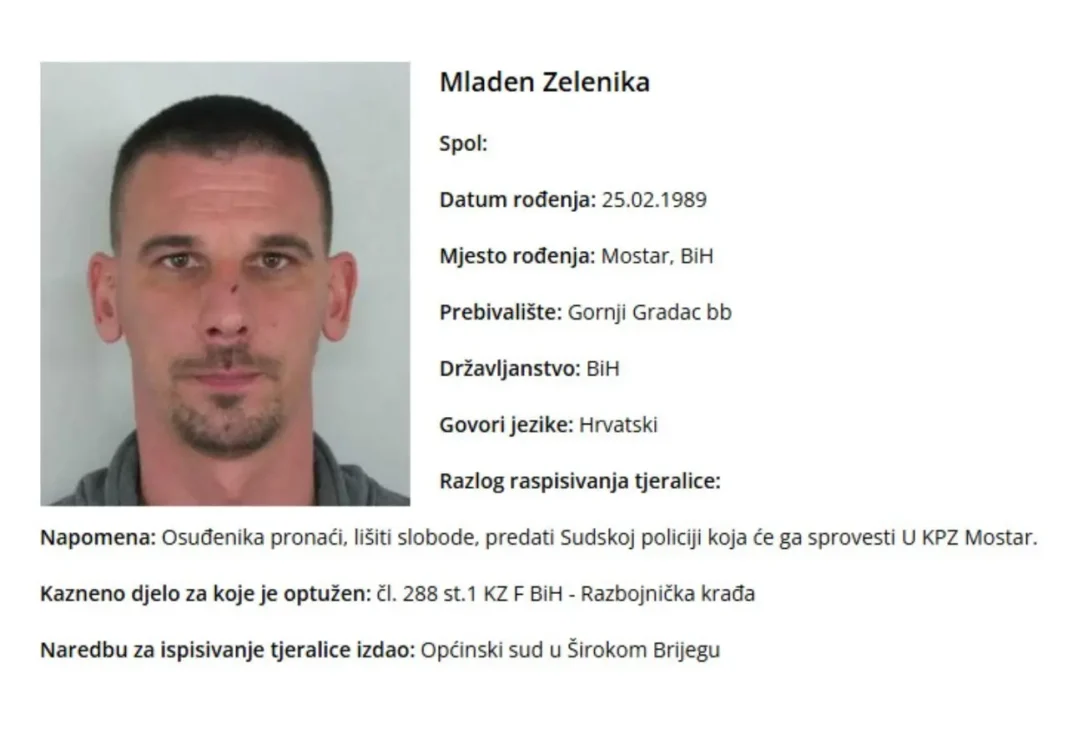 Tjeralica: Policija traga za Zelenikom iz Širokog Brijega